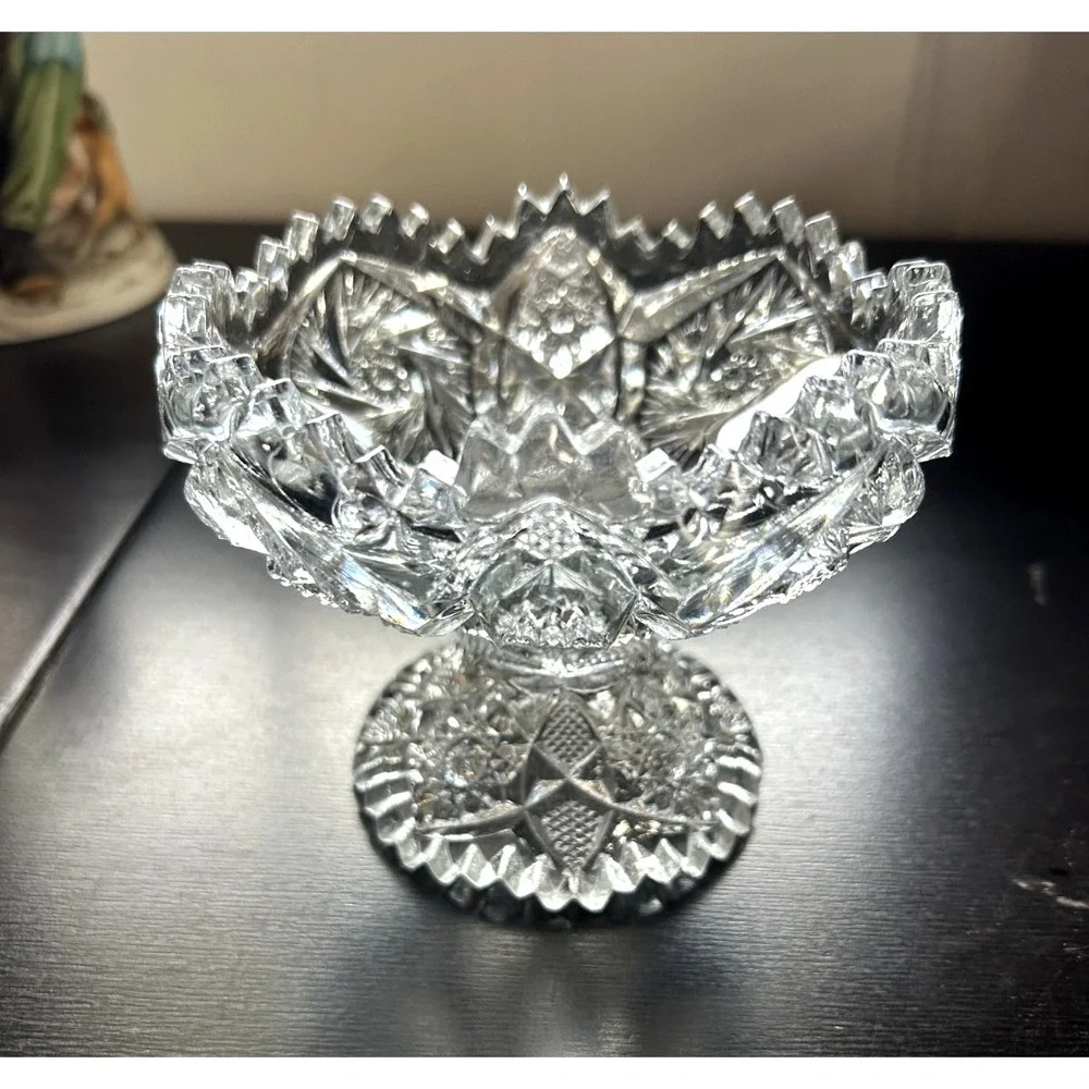Vintage Brilliant Cut Glass Pedestal Compote Bowl Hobstar Sawtooth Edge 4.75